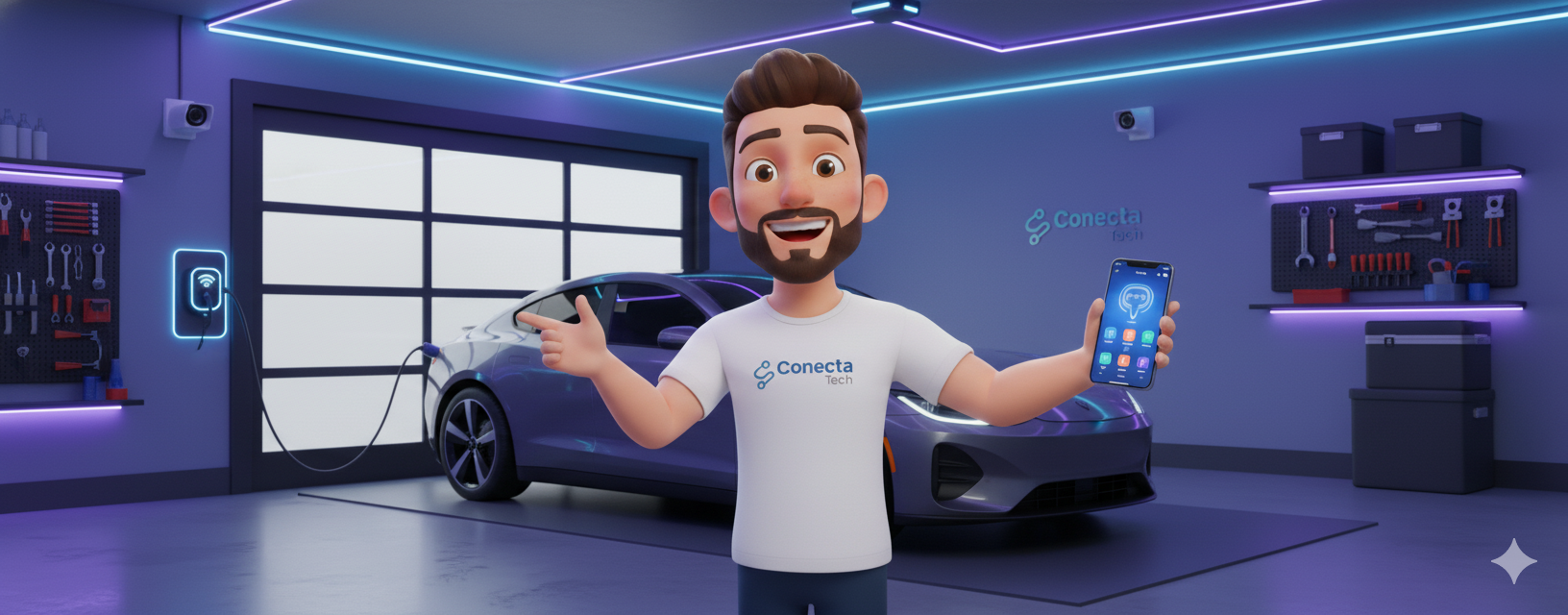 João Conecta na garagem ao lado do carro elétrico carregando, exemplo de uso eficiente de energia
