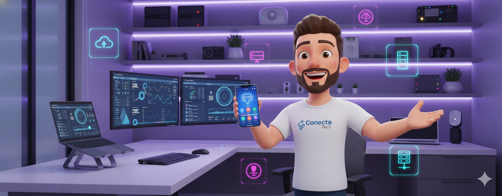 João Conecta na central de controle da casa, com painéis de monitoramento no computador e no celular