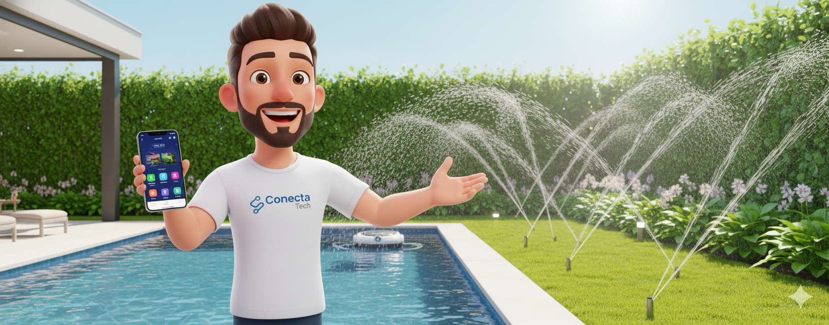 João Conecta na piscina mostrando a irrigação automática do jardim pelo celular