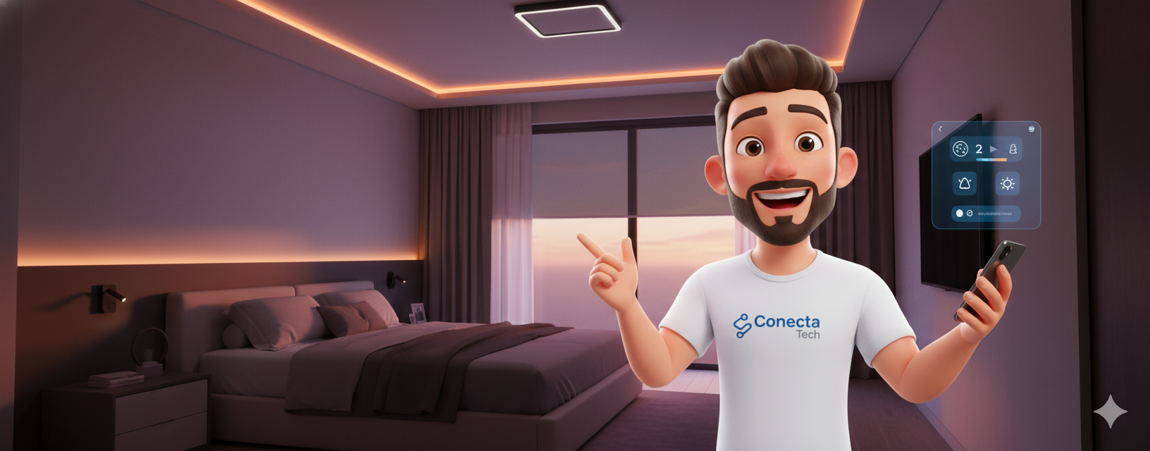 João Conecta no quarto ao entardecer, com o painel de temperatura do ambiente ao lado