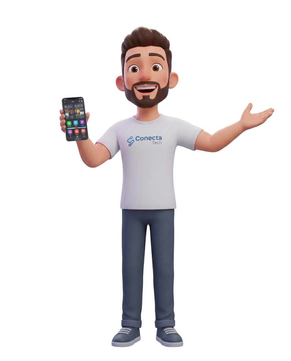 João Conecta, personagem ilustrado da Conecta Tech, se apresentando